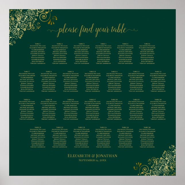 Affiche Plan de table de mariage 26 tables Vert émeraude O (Devant)