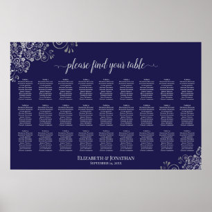 Affiche Plan de table de mariage 27 tables Argent sur Bleu