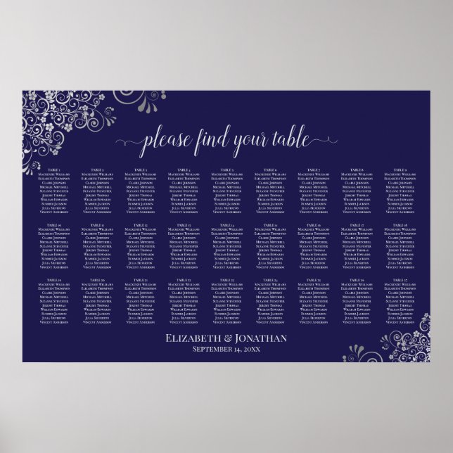 Affiche Plan de table de mariage 27 tables Argent sur Bleu (Devant)