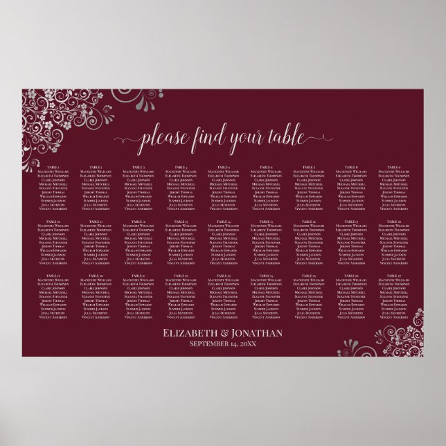 Affiche Plan de table de mariage 27 tables Argent sur bord (Devant)