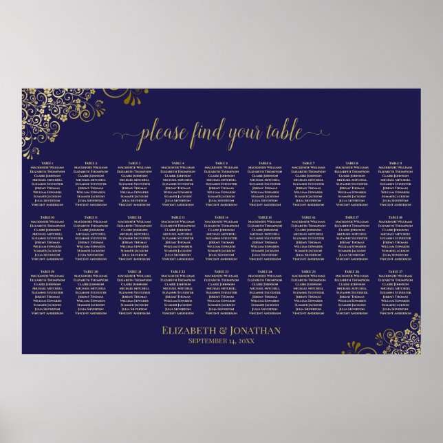 Affiche Plan de table de mariage 27 tables Bleu Nuit & Or (Devant)