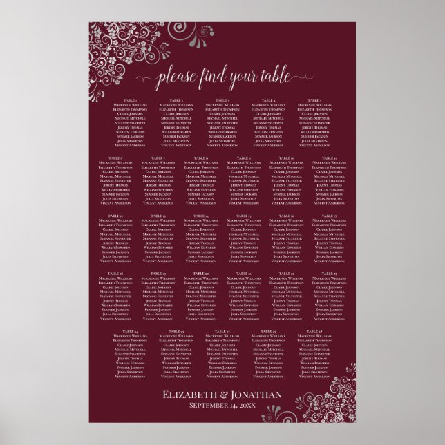 Affiche Plan de table de mariage 28 tables argent sur bord (Devant)