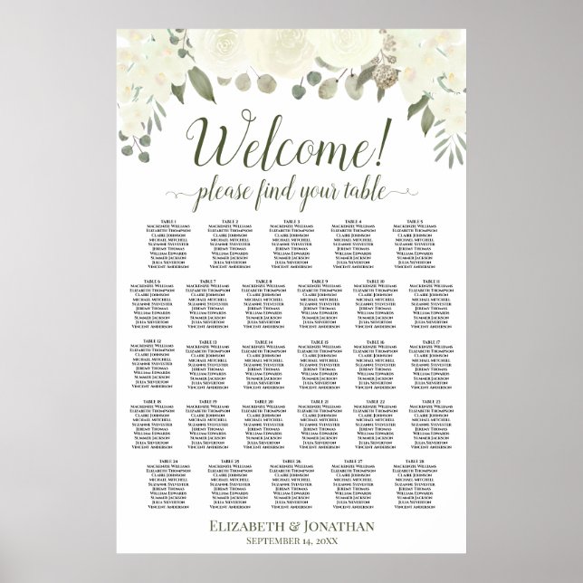 Affiche Plan de table de mariage 28 tables avec roses blan (Devant)