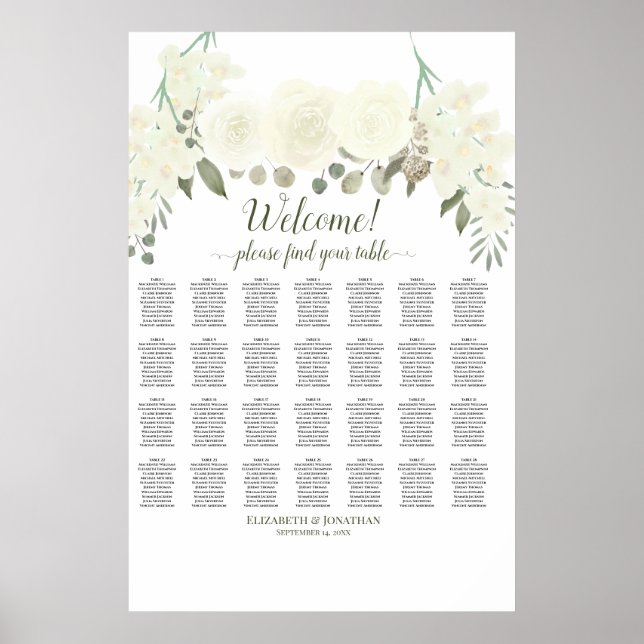 Affiche Plan de table de mariage 28 tables avec roses blan (Devant)