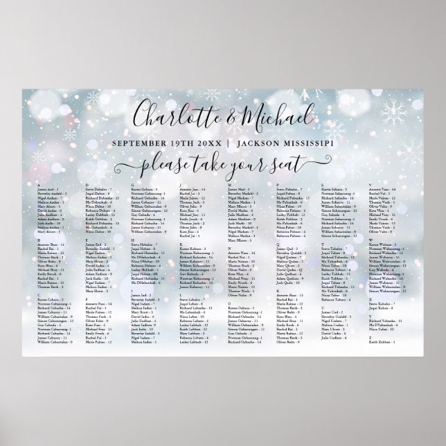 Affiche Plan de table de mariage 300 noms Flocons de neige (Devant)