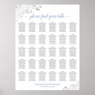 Affiche Plan de table de mariage 30 tables Argent et Bleu 