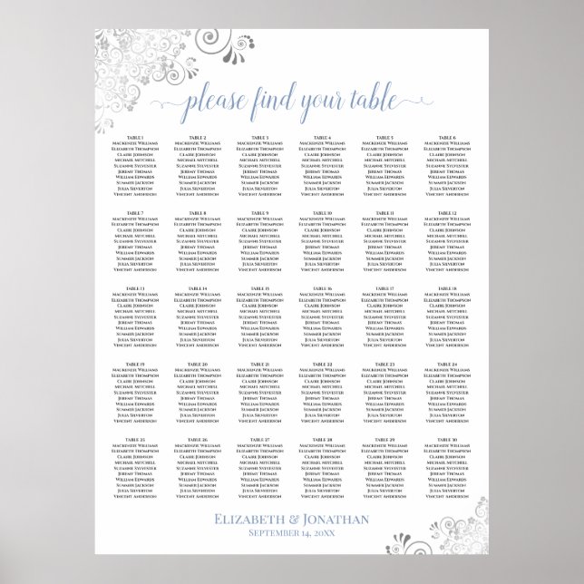 Affiche Plan de table de mariage 30 tables Argent et Bleu  (Devant)