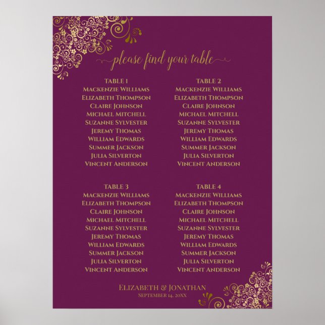 Affiche Plan de table de mariage 4 tables Magenta Plum & O (Devant)