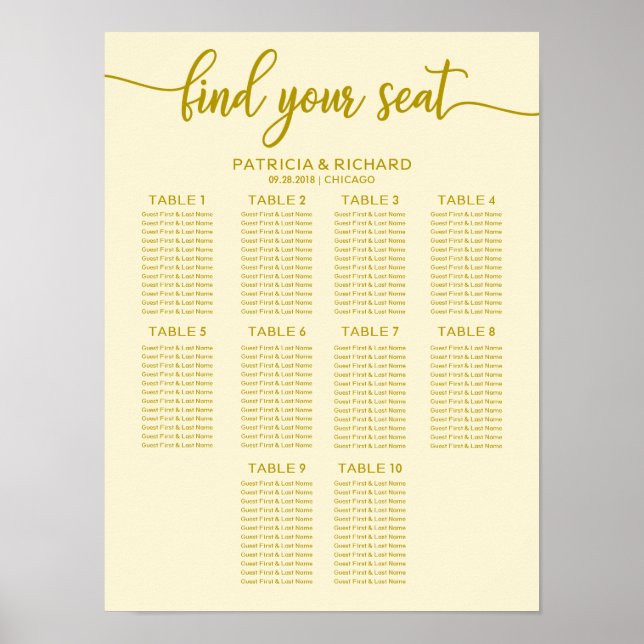 Affiche Plan de table de mariage à 10 tables Calligraphie  (Devant)