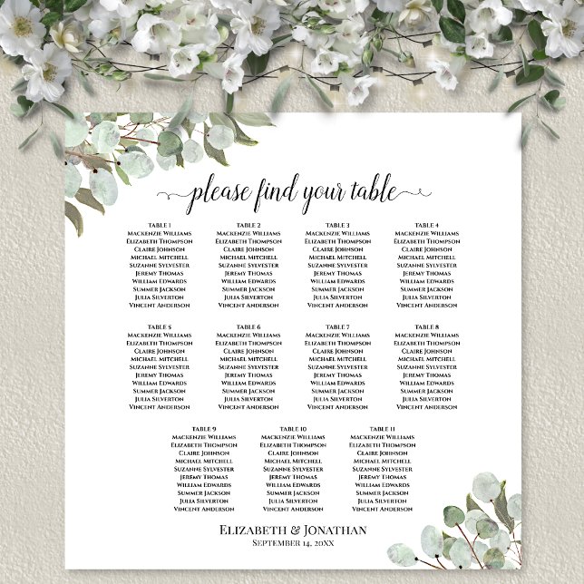 Affiche Plan de table de mariage à 11 tables avec feuillag (In Situ on Wall with Flowers)