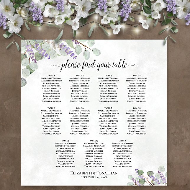Affiche Plan de table de mariage à 11 tables Lavande Eucal (In Situ on Wall with Flowers)