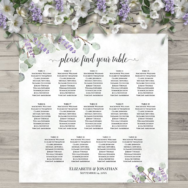 Affiche Plan de table de mariage à 14 tables Eucalyptus La (In Situ on Wall with Flowers)
