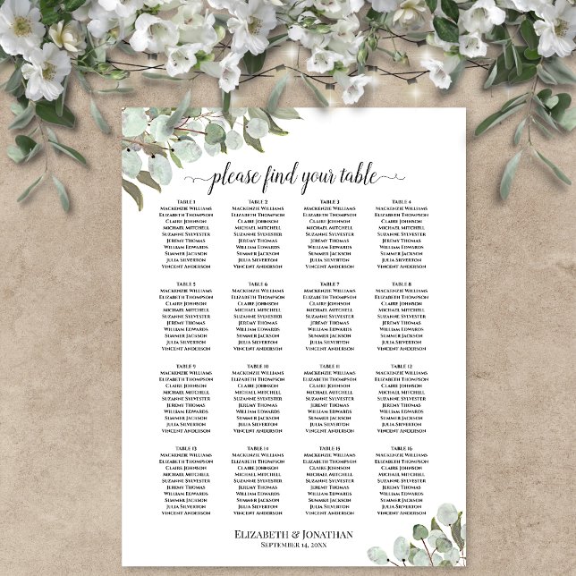 Affiche Plan de table de mariage à 16 tables avec branches (In Situ on Wall with Flowers)