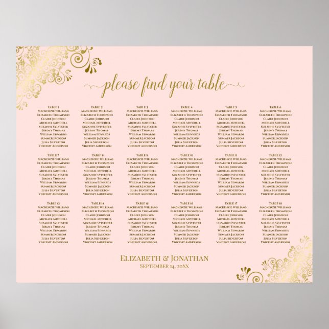 Affiche Plan de table de mariage à 18 tables Rose poudré & (Devant)