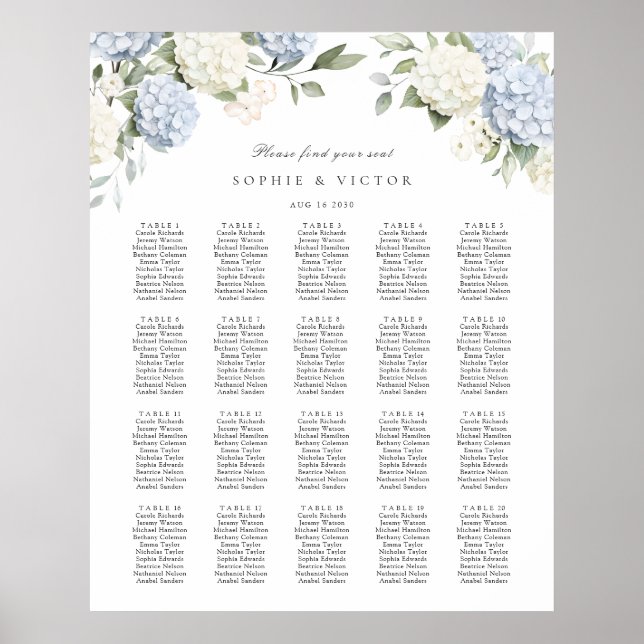 Affiche Plan de table de mariage à 20 tables avec hortensi (Devant)