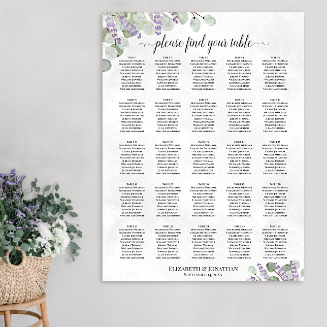 Affiche Plan de table de mariage à 25 tables Lavande Eucal (In Situ on Wall)