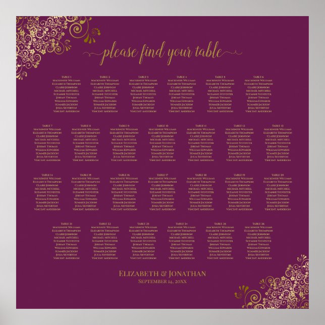 Affiche Plan de table de mariage à 26 tables Cassis Violet (Devant)