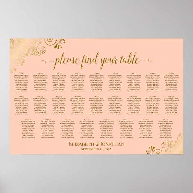 Affiche Plan de table de mariage à 26 tables Corail pêche  (Devant)