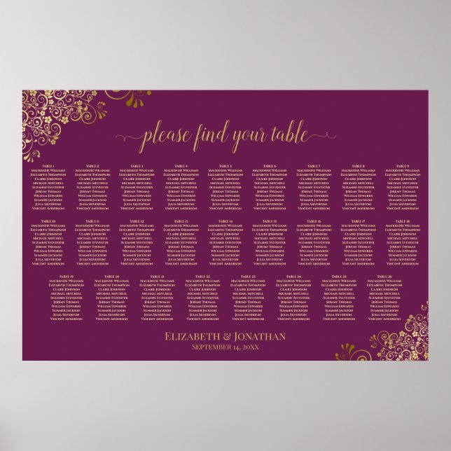 Affiche Plan de table de mariage à 26 tables Magenta Plum  (Devant)