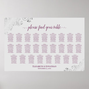 Affiche Plan de table de mariage à 26 tables Magenta Plum