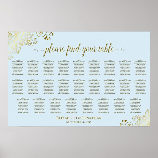 Affiche Plan de table de mariage à 26 tables Poudre Bleue  (Devant)