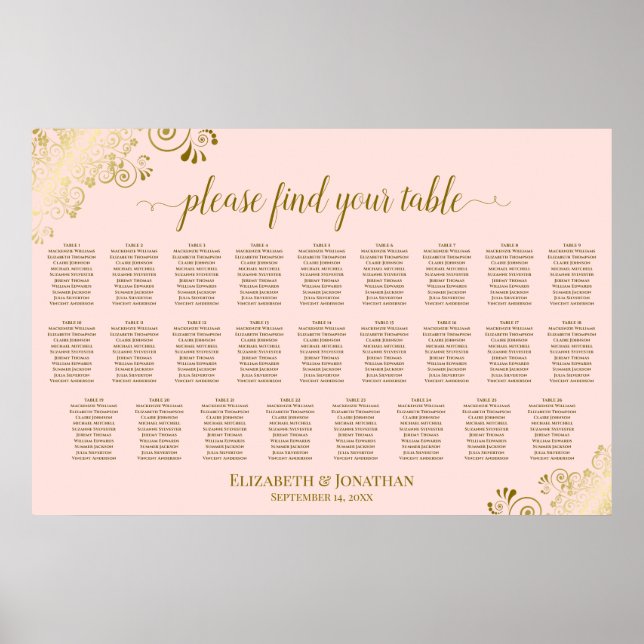 Affiche Plan de table de mariage à 26 tables Rose poudré & (Devant)