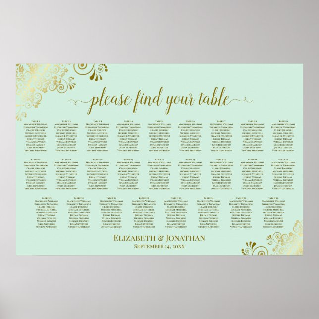 Affiche Plan de table de mariage à 26 tables Vert Menthe & (Devant)