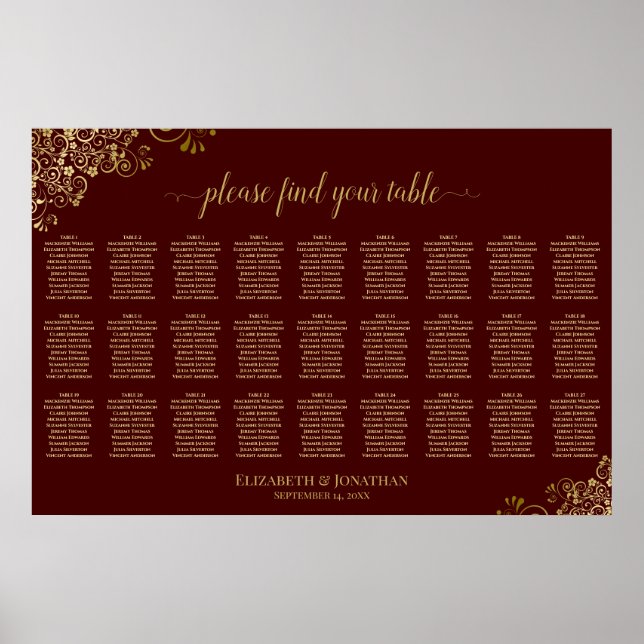 Affiche Plan de table de mariage à 27 tables Auburn Brun & (Devant)