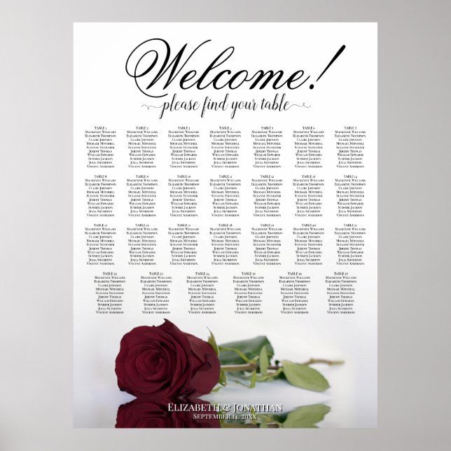 Affiche Plan de table de mariage à 27 tables avec rose bor (Devant)