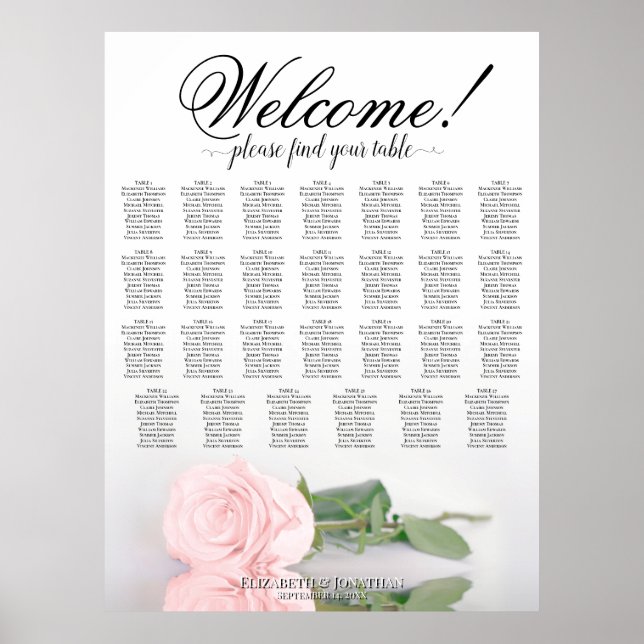 Affiche Plan de table de mariage à 27 tables avec rose ros (Devant)
