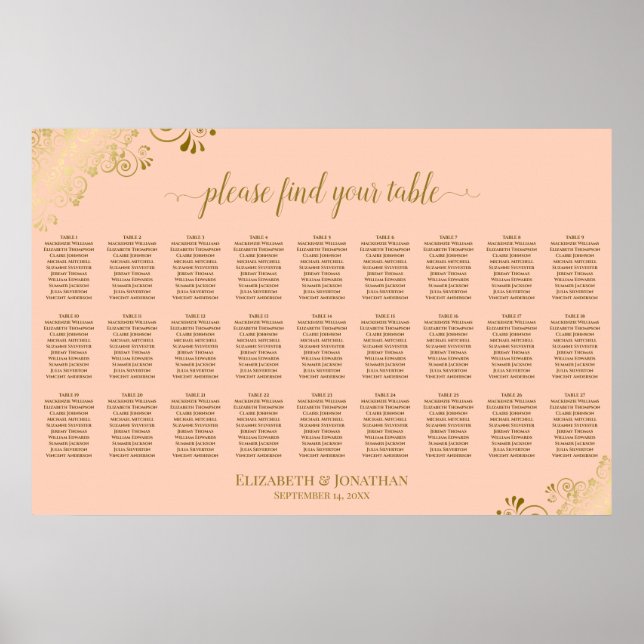 Affiche Plan de table de mariage à 27 tables Corail pêche  (Devant)