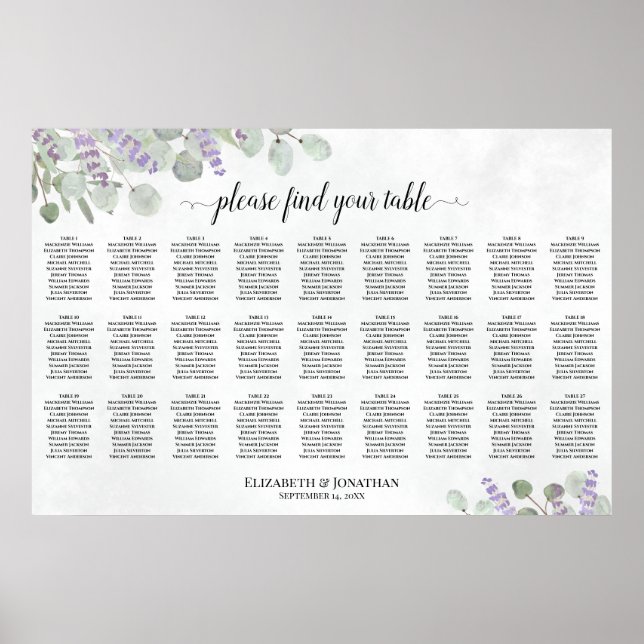 Affiche Plan de table de mariage à 27 tables Lavande Eucal (Devant)