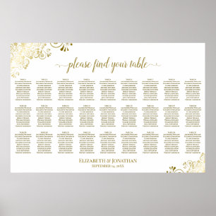 Affiche Plan de table de mariage à 27 tables Orné Or & Bla