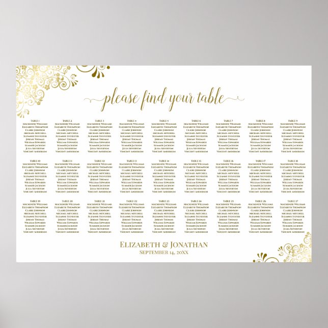 Affiche Plan de table de mariage à 27 tables Orné Or & Bla (Devant)