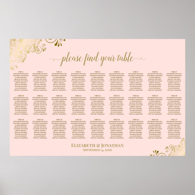 Affiche Plan de table de mariage à 27 tables Rose poudré & (Devant)