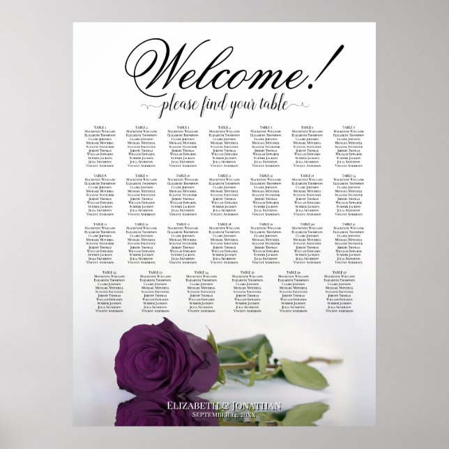 Affiche Plan de table de mariage à 27 tables Rose pourpre  (Devant)