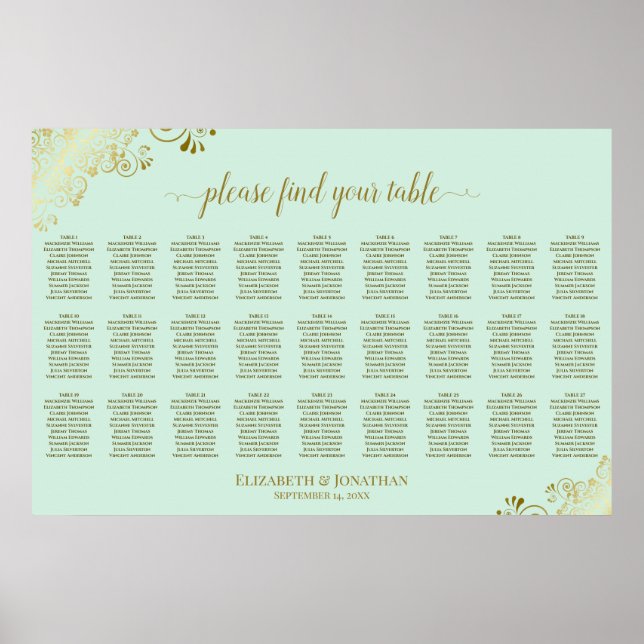 Affiche Plan de table de mariage à 27 tables Vert Menthe & (Devant)