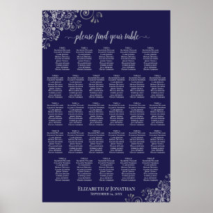 Affiche Plan de table de mariage à 28 tables Argent sur Bl