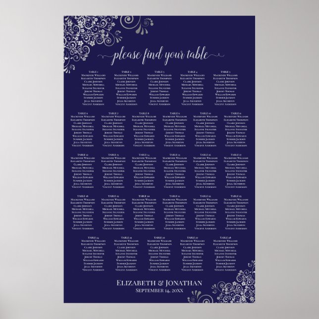 Affiche Plan de table de mariage à 28 tables Argent sur Bl (Devant)