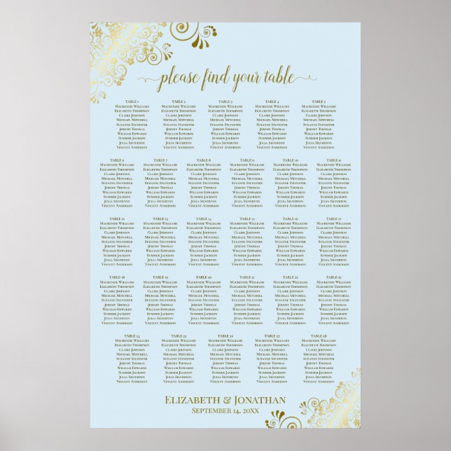 Affiche Plan de table de mariage à 28 tables Bleu poudré & (Devant)