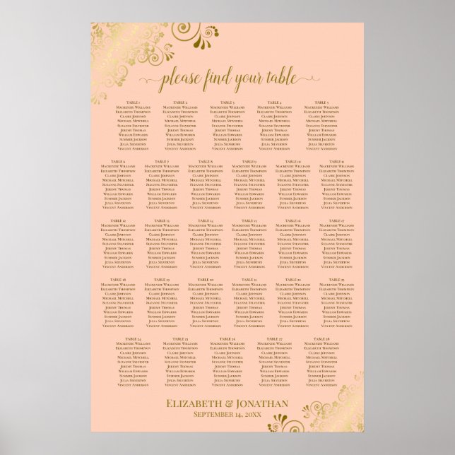 Affiche Plan de table de mariage à 28 tables Corail pêche  (Devant)