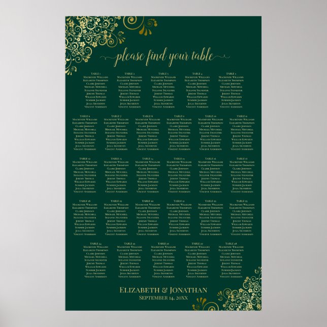 Affiche Plan de table de mariage à 28 tables Émeraude Vert (Devant)