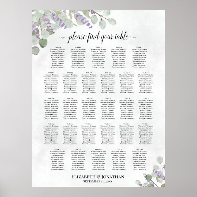 Affiche Plan de table de mariage à 28 tables Eucalyptus La (Devant)