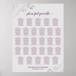Affiche Plan de table de mariage à 28 tables Magenta Plum