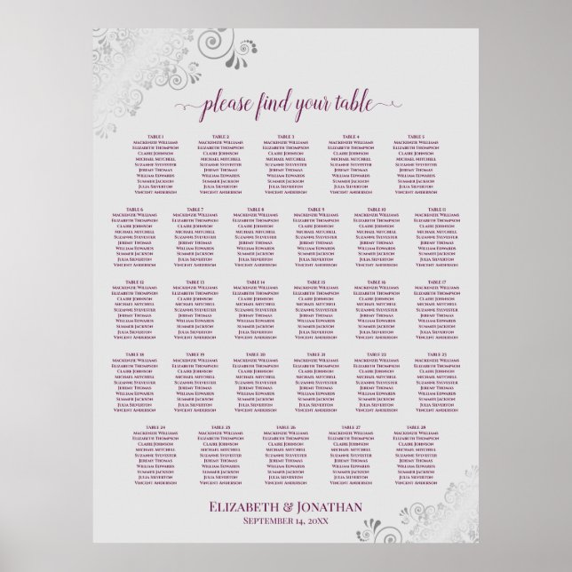 Affiche Plan de table de mariage à 28 tables Magenta Plum  (Devant)