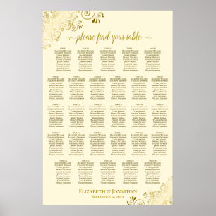 Affiche Plan de table de mariage à 28 tables Orné Or et Cr