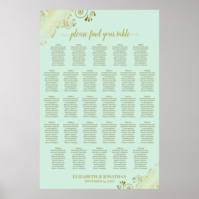 Affiche Plan de table de mariage à 28 tables Vert Menthe & (Devant)