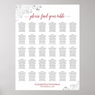 Affiche Plan de table de mariage à 30 tables argent et rou
