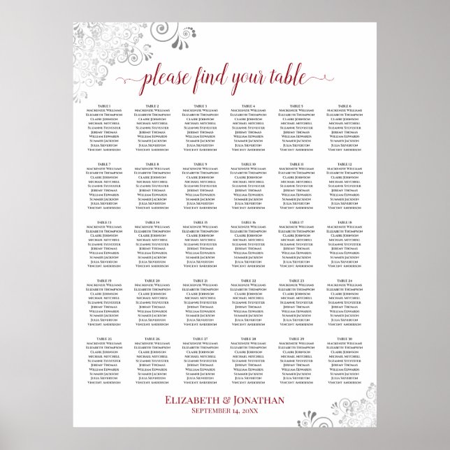 Affiche Plan de table de mariage à 30 tables argent et rou (Devant)