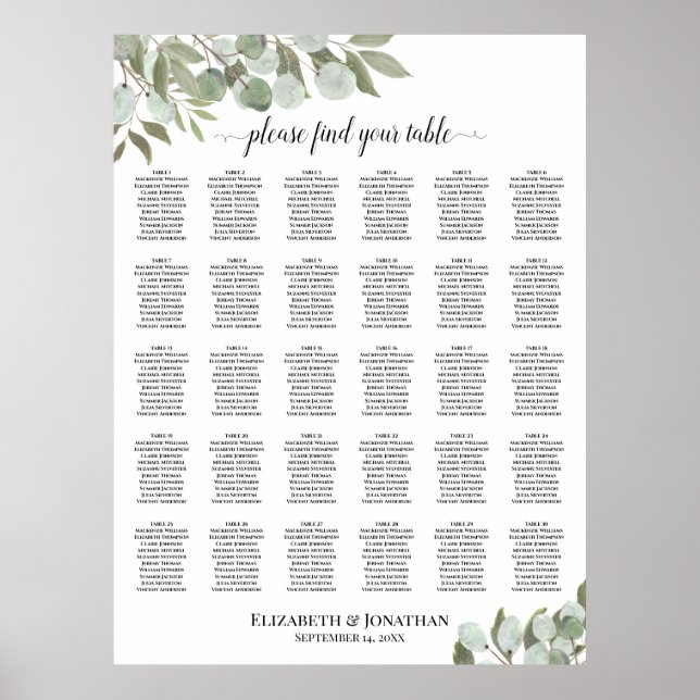 Affiche Plan de table de mariage à 30 tables avec feuilles (Devant)